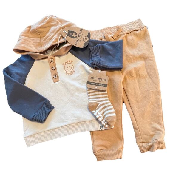 Rabbit + Bear Romper Happy Vibes Organic 3 Piece Set Sz 12 M Hoodie Pants Socks - Picture 1 of 5